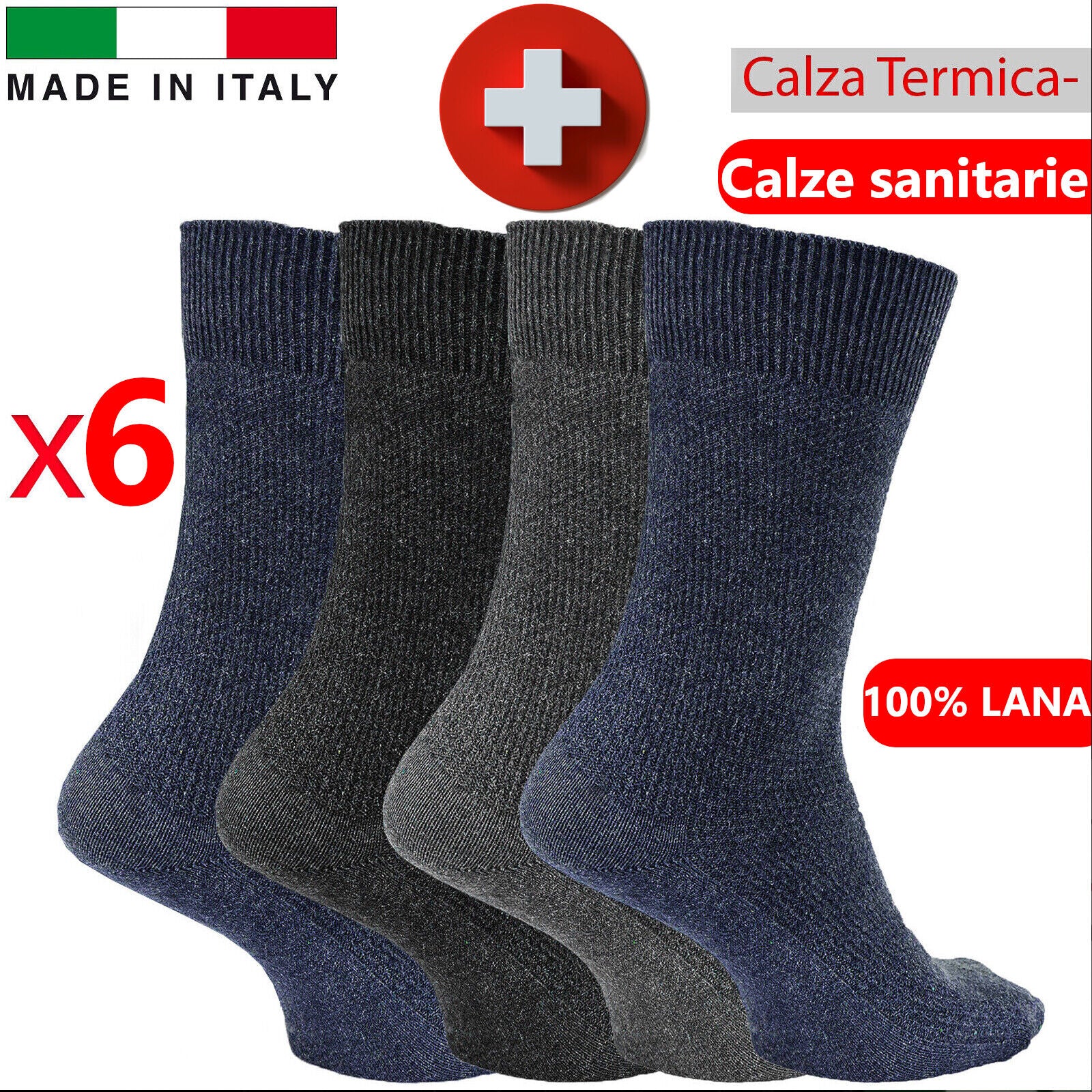 6 paia sanitarie calze calzini uomo lunghi polpaccio lana invernali termiche