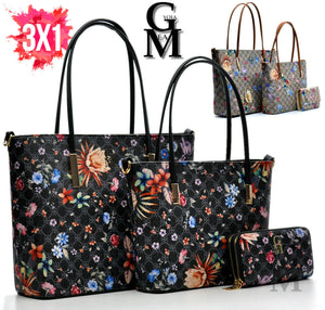 Pack 3x1 borsa portafoglio gyoiamea fantasia fiori floreale donna pelle colorata