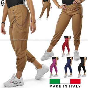 Pantalone cargo donna elasticizzato tasconi catena sportivo morbido giornaliero