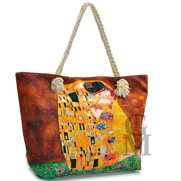 BORSA mare klimt il bacio dipinto stampa DONNA tessuto manici corda tela gialla