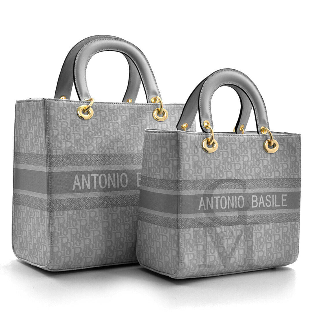 A.Basile set 2in1 borsa + borsetta fantasia scritte tessuto firmata moda italy