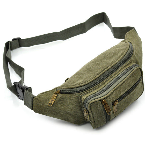 Marsupio 4 tasche zip uomo sportivo scomparti tessuto lavoro canvas cintura tela