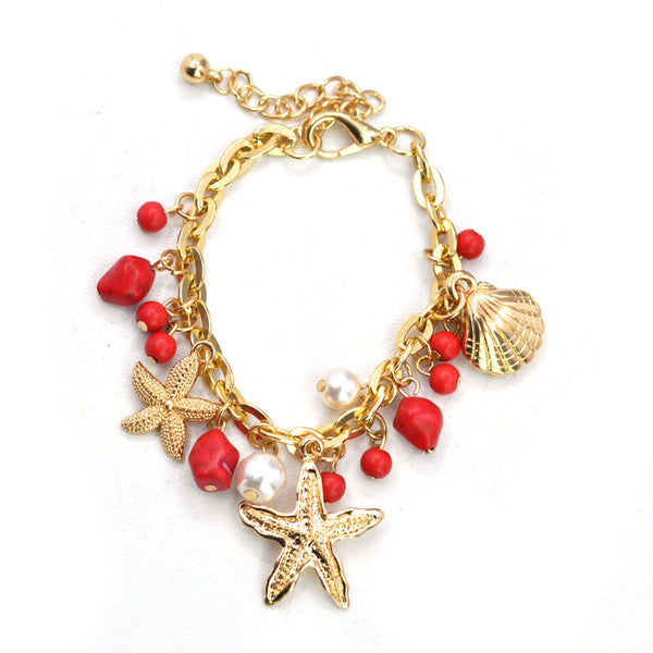 Parure Collana e bracciale rossa conchiglie stelle marine corallo rametti bijoux