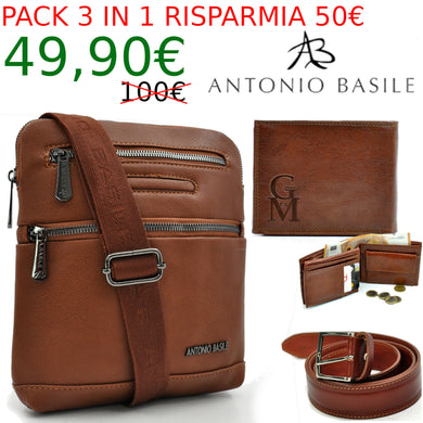 Pack 3in1 Borsello uomo A. Basile + portafoglio + cintura in vera pelle italy 01