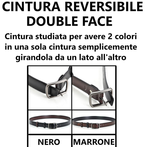 Cintura Cinta Uomo 3 cm reversibile bicolore double face nero Pelle Classica