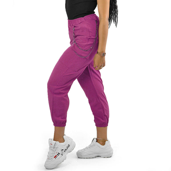 Pantalone cargo donna elasticizzato tasconi catena sportivo morbido giornaliero