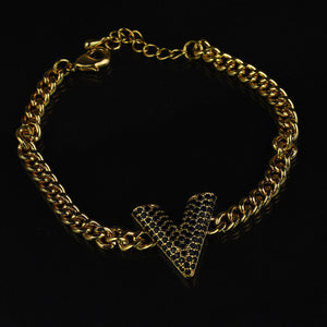 Bracciale Acciaio inossidabile Donna Braccialetto forma V strass incastonati oro