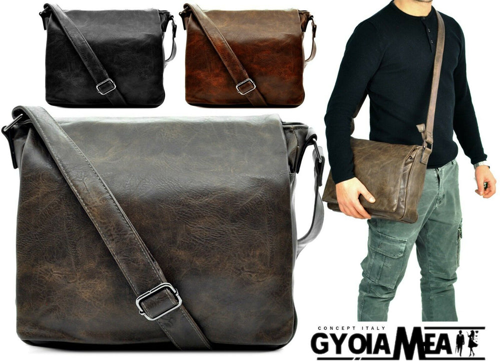 Borsa Uomo Vintage pelle venata Tracolla Messanger Uomo MARRONE grande lavoro