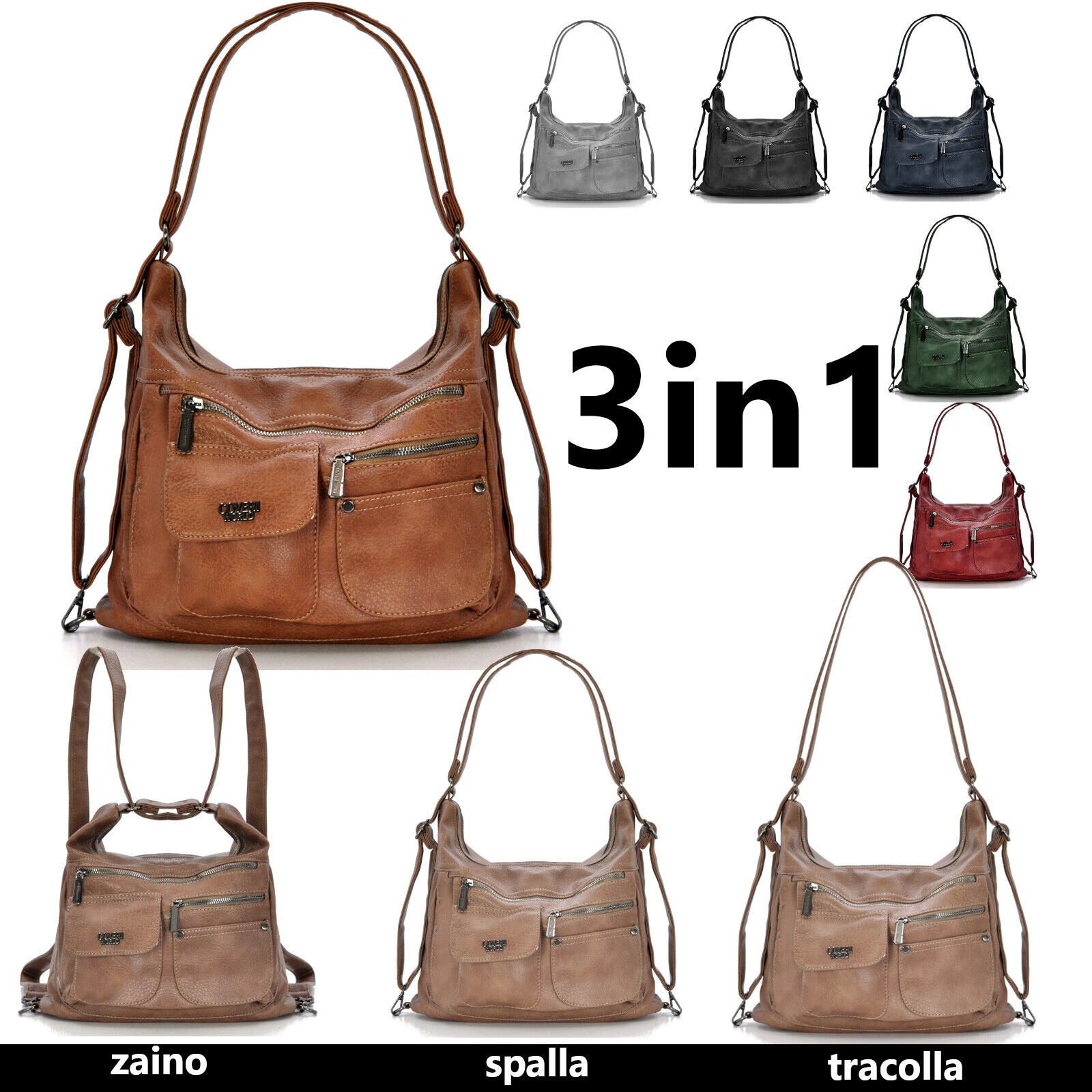 3in1 Borsa trasformabile in zaino Coveri spalla hobo sacco donna tracolla nuova