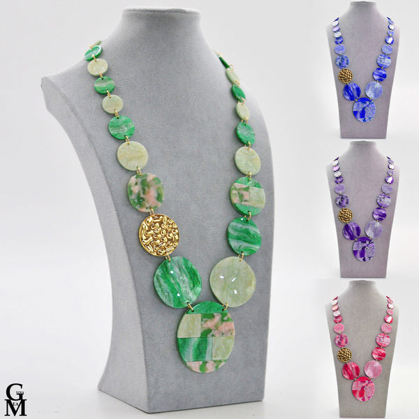 Collana donna resina verde rosa pietre dure moda lunga dischi boemia elegante