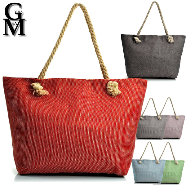 BORSA mare colorata nuova DONNA PAGLIA manici corda piscina tessuto tela paglia