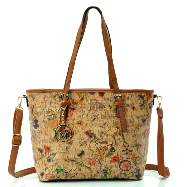 Gyoiamea borsa fantasia fiori sughero legno donna shopping spalla particolare