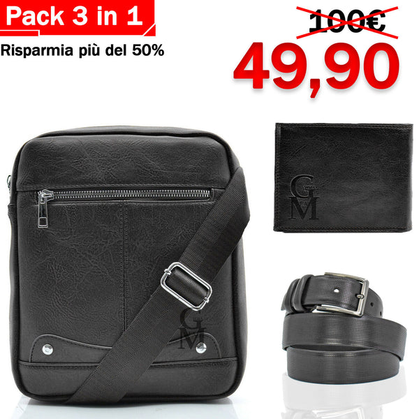 Pack 3in1 Borsello uomo pack GM + portafoglio + cintura in vera pelle italy