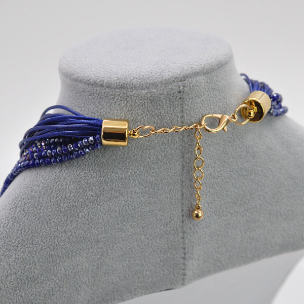 Collana donna blu viola strass lunga ciondolo disco oro multifilo boemia etnica