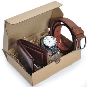 Bundle Pack REGALO scatola tris 3in1 Portafoglio + cintura + orologio uomo nero