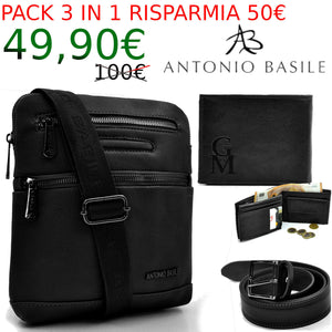 Pack 3in1 Borsello uomo A. Basile + portafoglio + cintura in vera pelle italy 01