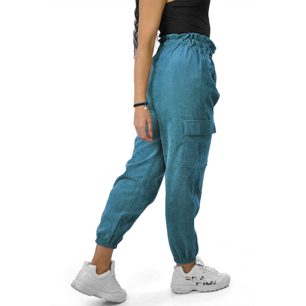 Pantalone cargo donna a coste elasticizzato tasconi velluto sportivo giornaliero