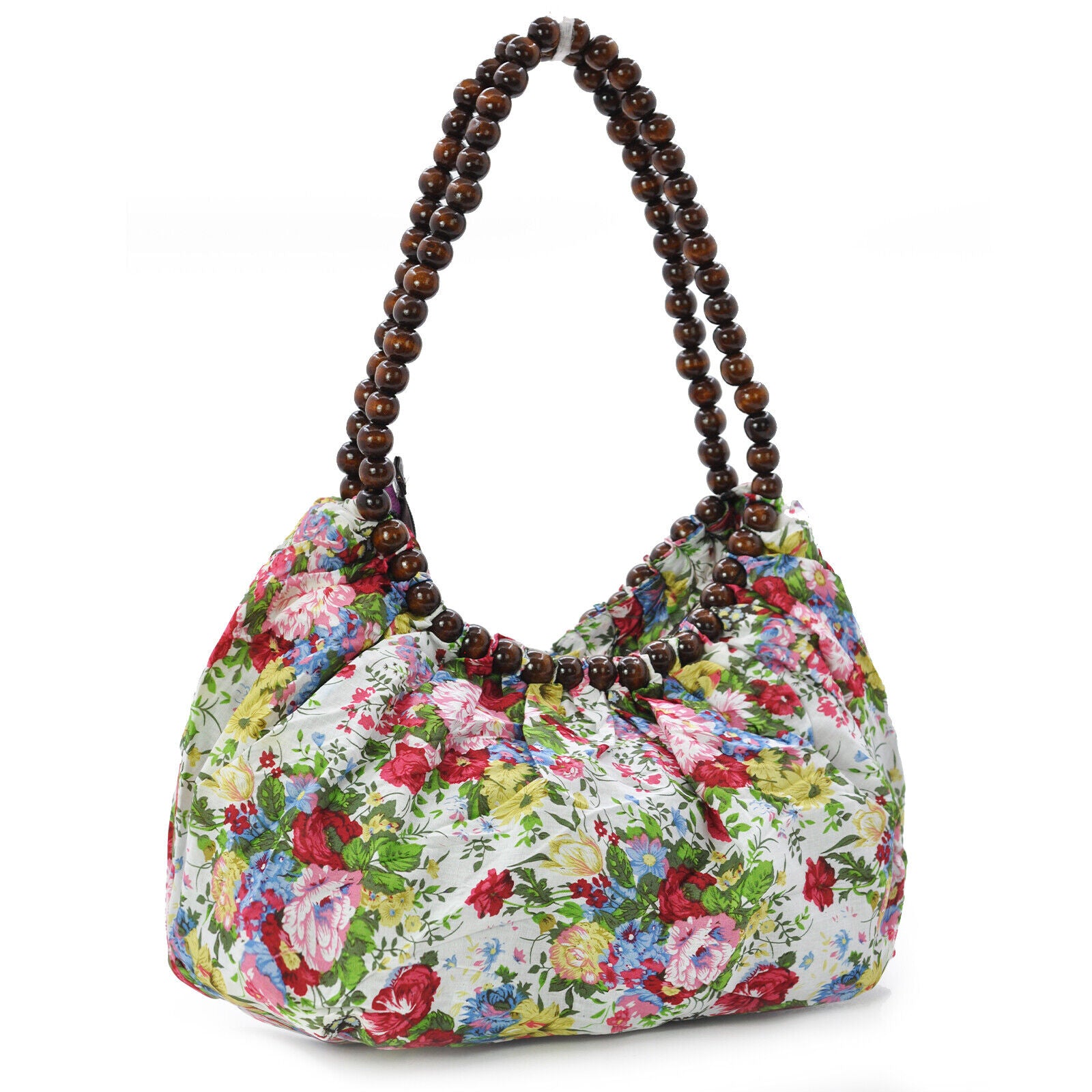 Borsa sacco fantasia fiorata morbida capiente donna manici palline in legno