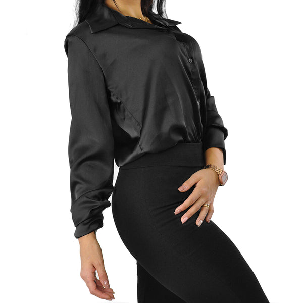 Camicia body blusa raso donna morbida sottogiacca elegante larga maniche lunghe