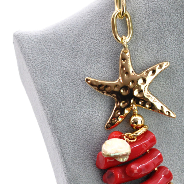 Parure Collana e bracciale rossa conchiglie stelle marine corallo rametti bijoux