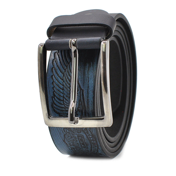 Cintura uomo elegante 3,5cm nuova pelle ali biker rock blu Cinta motociclista