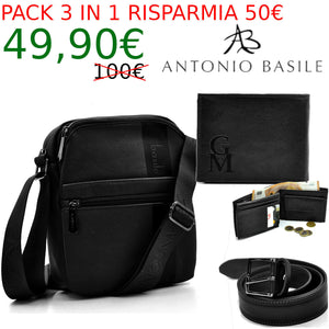 Pack 3in1 Borsello uomo A. Basile + portafoglio + cintura in vera pelle italy 03