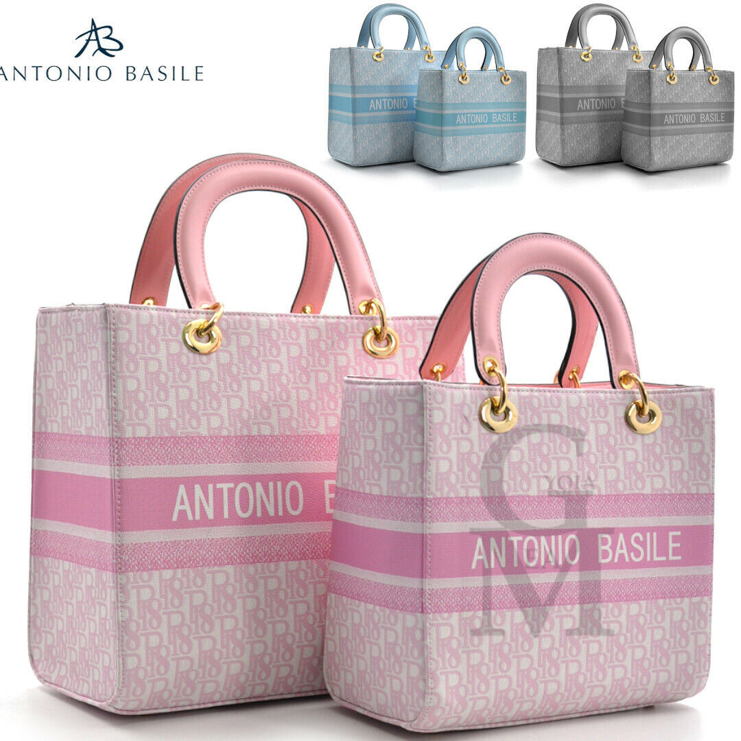 A.Basile set 2in1 borsa + borsetta fantasia scritte tessuto firmata moda italy