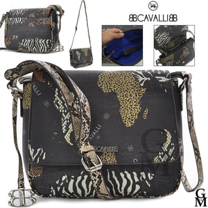 Borsa lusso firmata BB CAVALLI donna tracolla fantasia animalier mappa mondo VIP