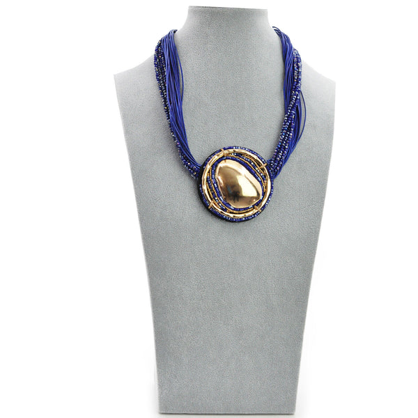 Collana donna blu viola strass lunga ciondolo disco oro multifilo boemia etnica