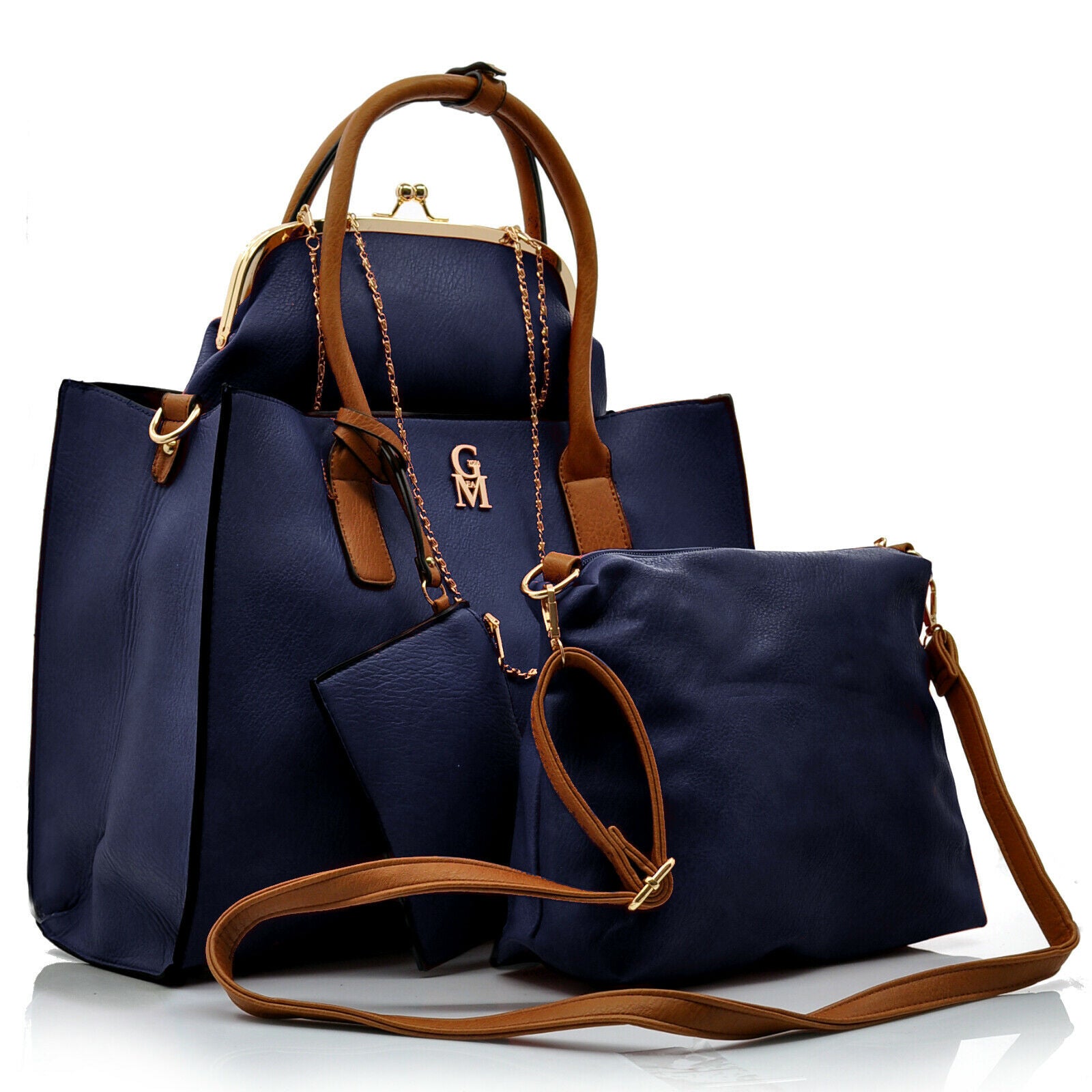 Elegante Set Borse Donna 4 Pezzi - Pelle PU Impermeabile - Borsa A Mano, Tracolla, Pochette E Portacarte - Blu E Marrone