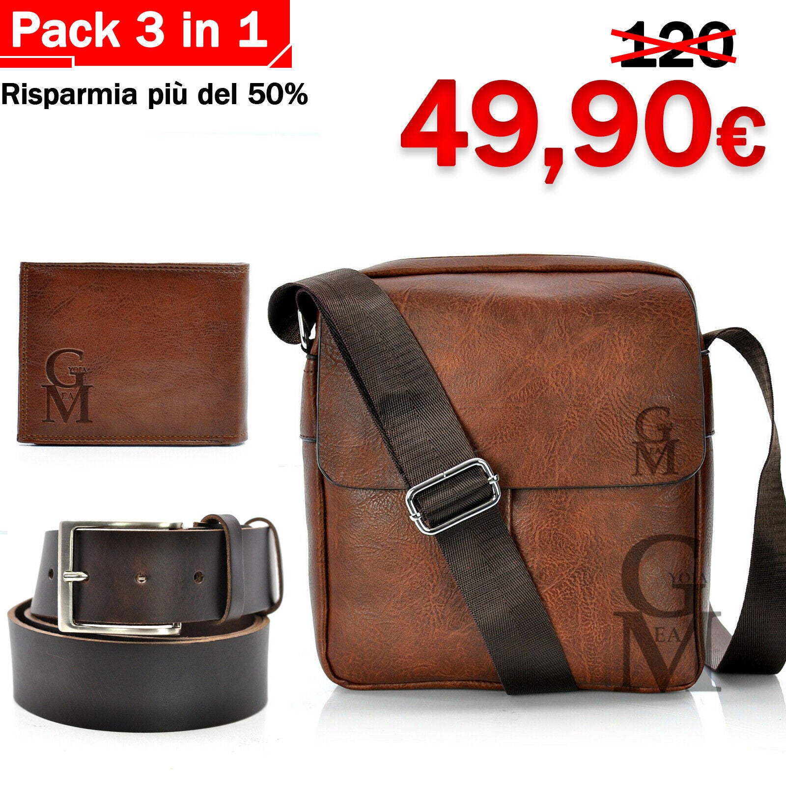 Pack 3in1 Borsello uomo pack GM new + portafoglio + cintura in vera pelle italy