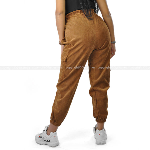 Pantalone cargo donna a coste elasticizzato tasconi velluto sportivo giornaliero