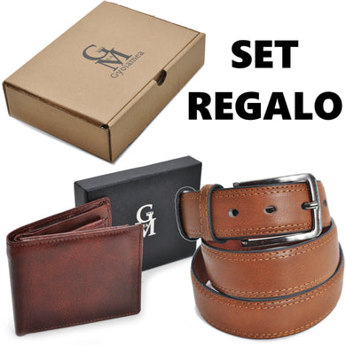 Bundle Pack IDEA REGALO con scatola Portafoglio + cintura marrone VERA PELLE
