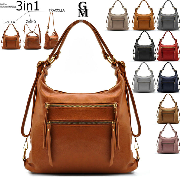 GM borsa 3in1 trasformabile hobo zaino sacco spalla donna tracolla pelle morbida