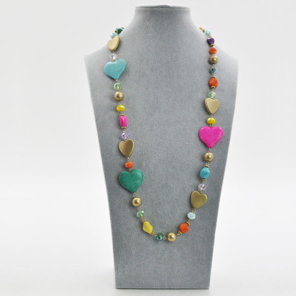 Collana lunga donna colorata multicolore resina piete dure donna cuore etnica