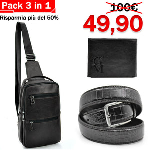 Pack 3in1 Borsello uomo pack GM + portafoglio + cintura in vera pelle italy