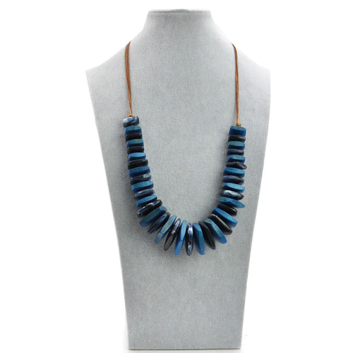 Collana blu turchese lunga corallo legno etnico dischi quadrati boemia etnica