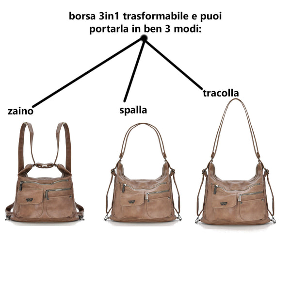 3in1 Borsa trasformabile in zaino Coveri spalla hobo sacco donna tracolla nuova