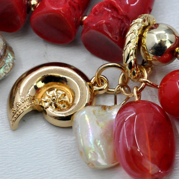 Parure Collana e bracciale rossa conchiglie stelle marine corallo rametti bijoux