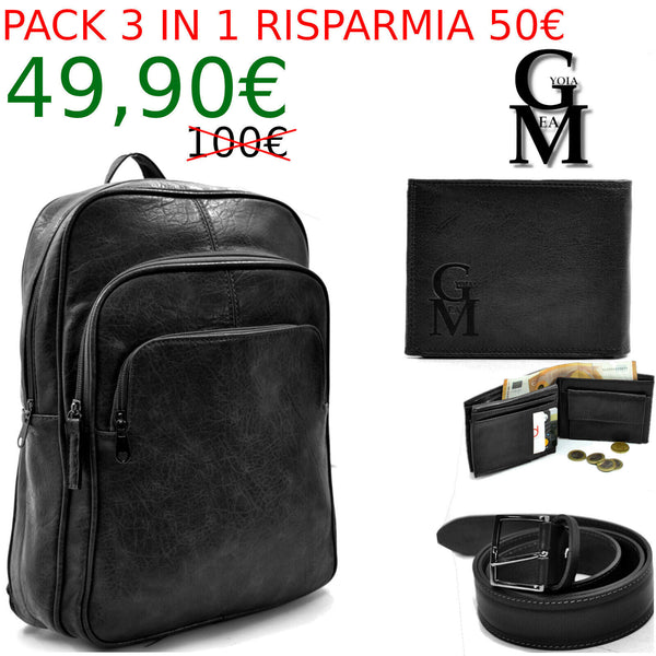 Pack 3in1 ZAINO uomo nero + portafoglio + cintura vera pelle italy