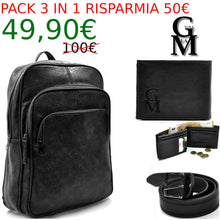 Carica l&#39;immagine nel visualizzatore di Gallery, Pack 3in1 ZAINO uomo nero + portafoglio + cintura vera pelle italy