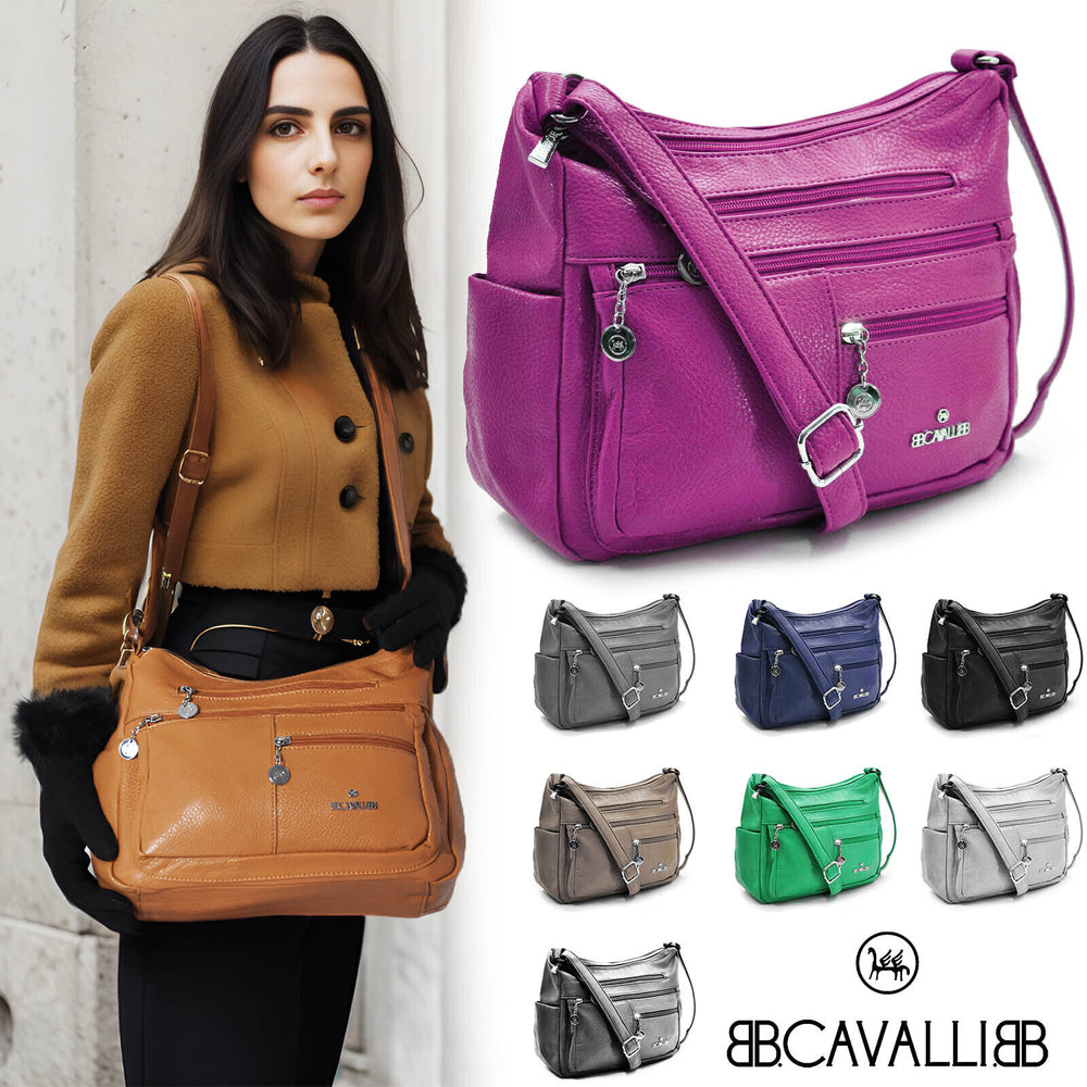 Borsa firmata B.Cavalli multi tasche donna logo zip tracolla unica tinta nuova