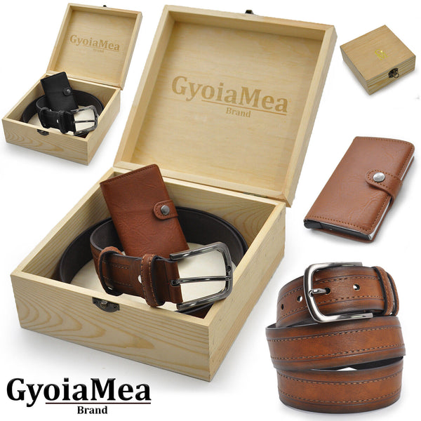 Gyoiamea PACK Regalo set portafoglio contanti + cintura + scrigno scatola uomo