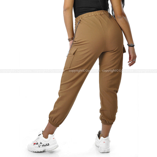 Pantalone cargo donna elasticizzato tasconi catena sportivo morbido giornaliero