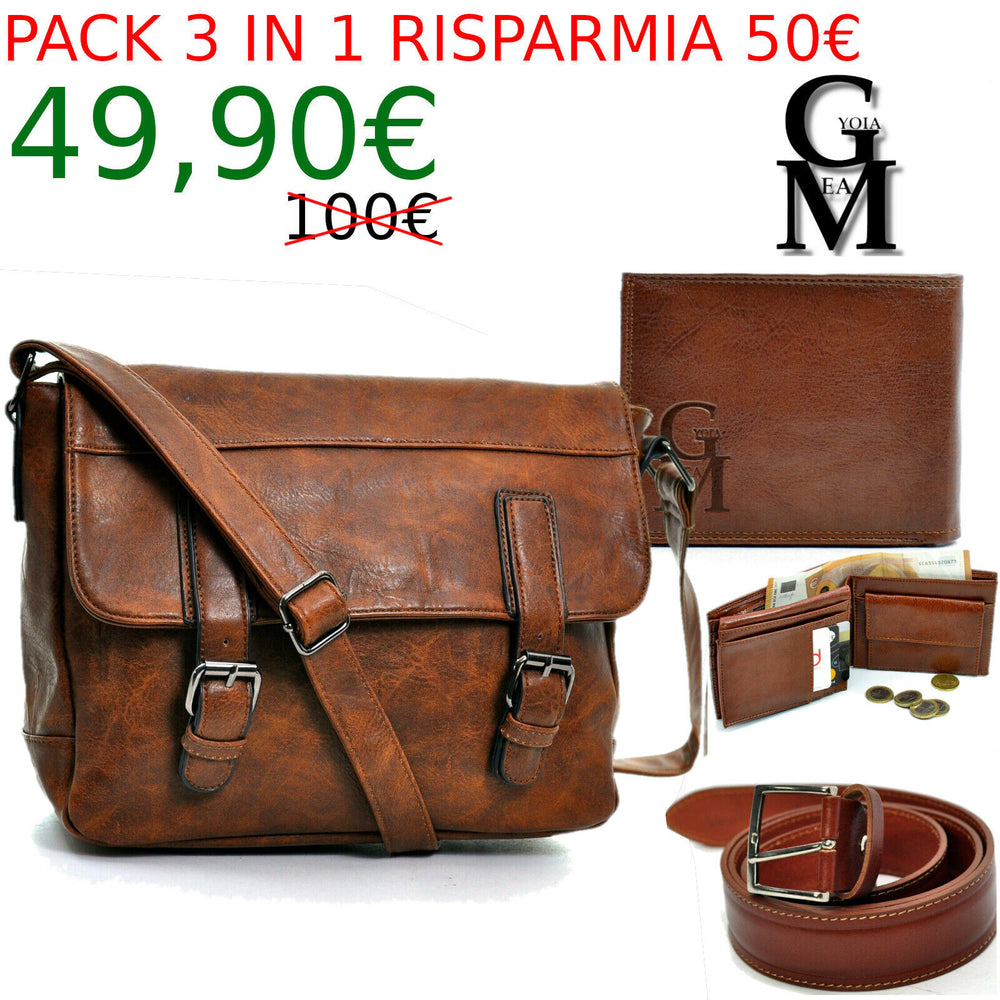 Pack 3in1 Tracolla uomo vintage GM + portafoglio + cintura in vera pelle italy