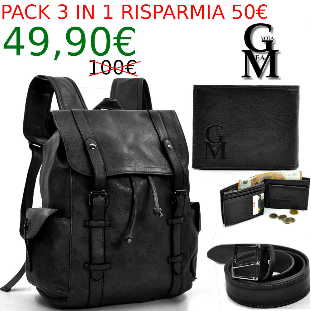 Pack 3in1 ZAINO uomo nero vintage moda + portafoglio + cintura vera pelle italy