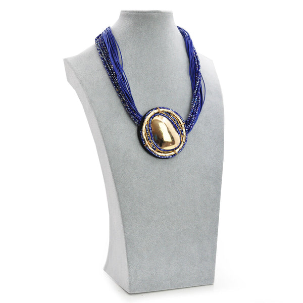 Collana donna blu viola strass lunga ciondolo disco oro multifilo boemia etnica