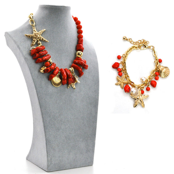 Parure Collana e bracciale rossa conchiglie stelle marine corallo rametti bijoux