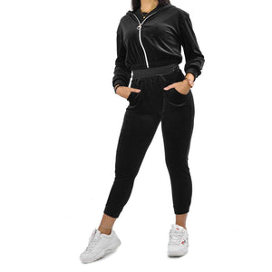 Tuta 2 pezzi donna velluto ciniglia velluto giacca zip cappuccio morbido nera