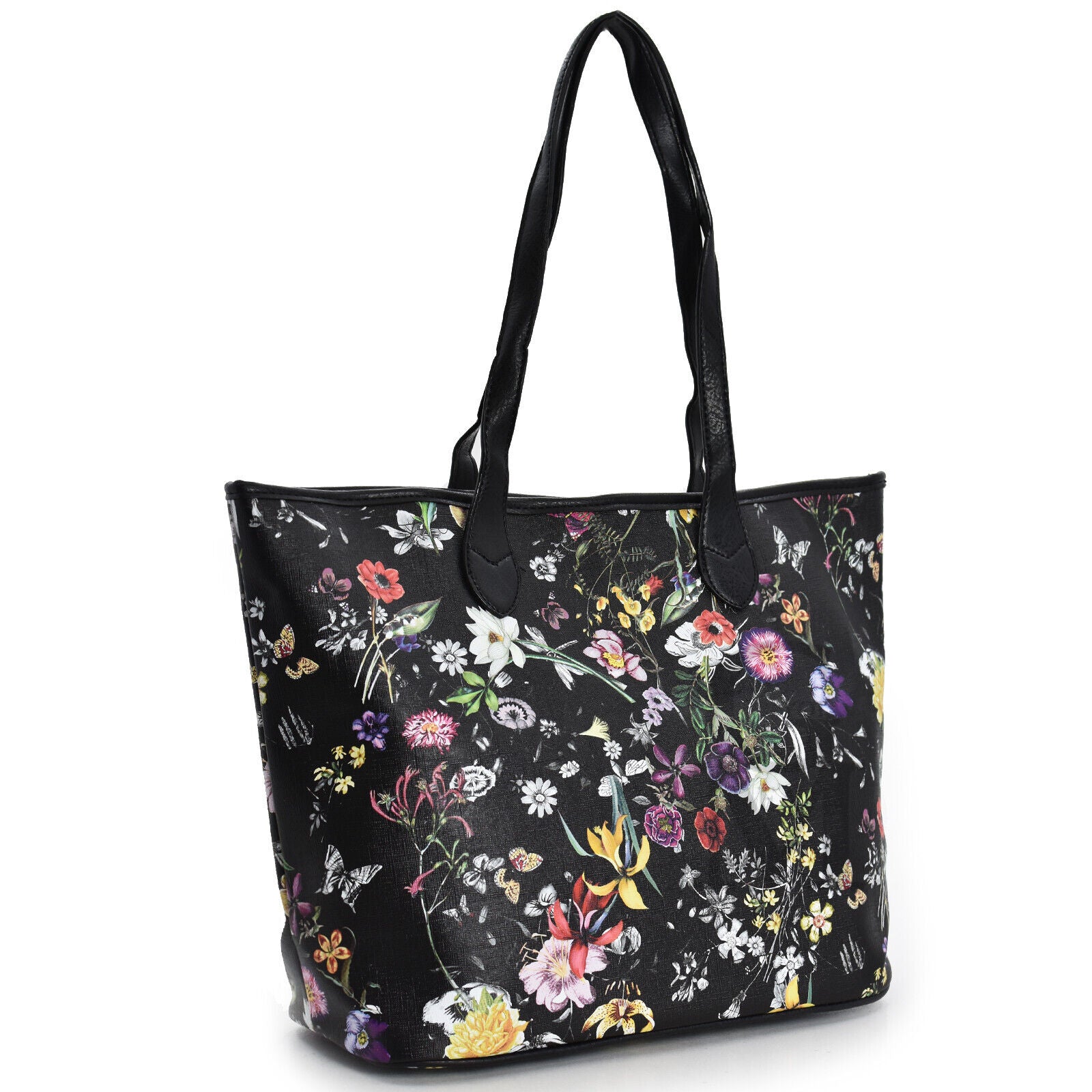 Borsa GM donna shopping fantasia fiori casual grande spalla fiorata nera nuova